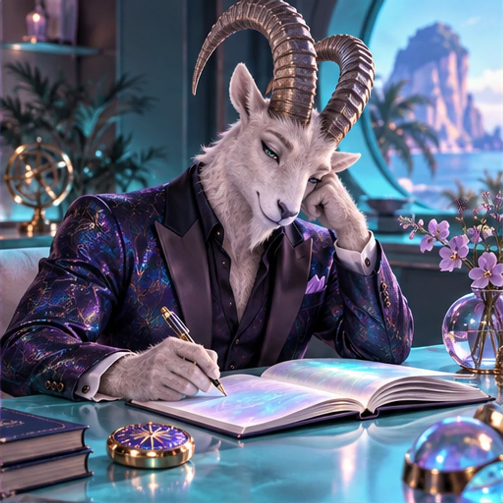 Aster writes in a private opalescent notebook at the club desk.